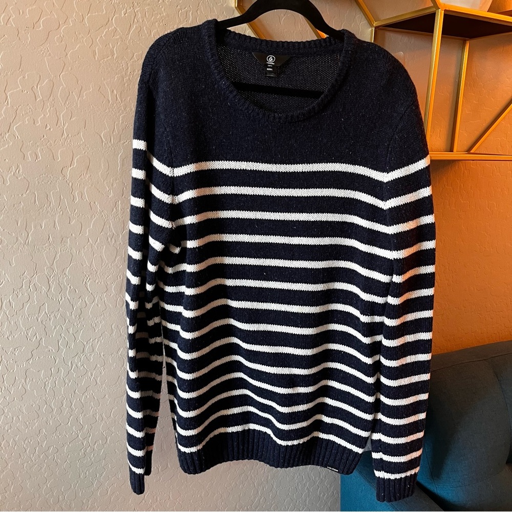 Volcom wool blend Navy White Striped Sweater Classic womens size large L